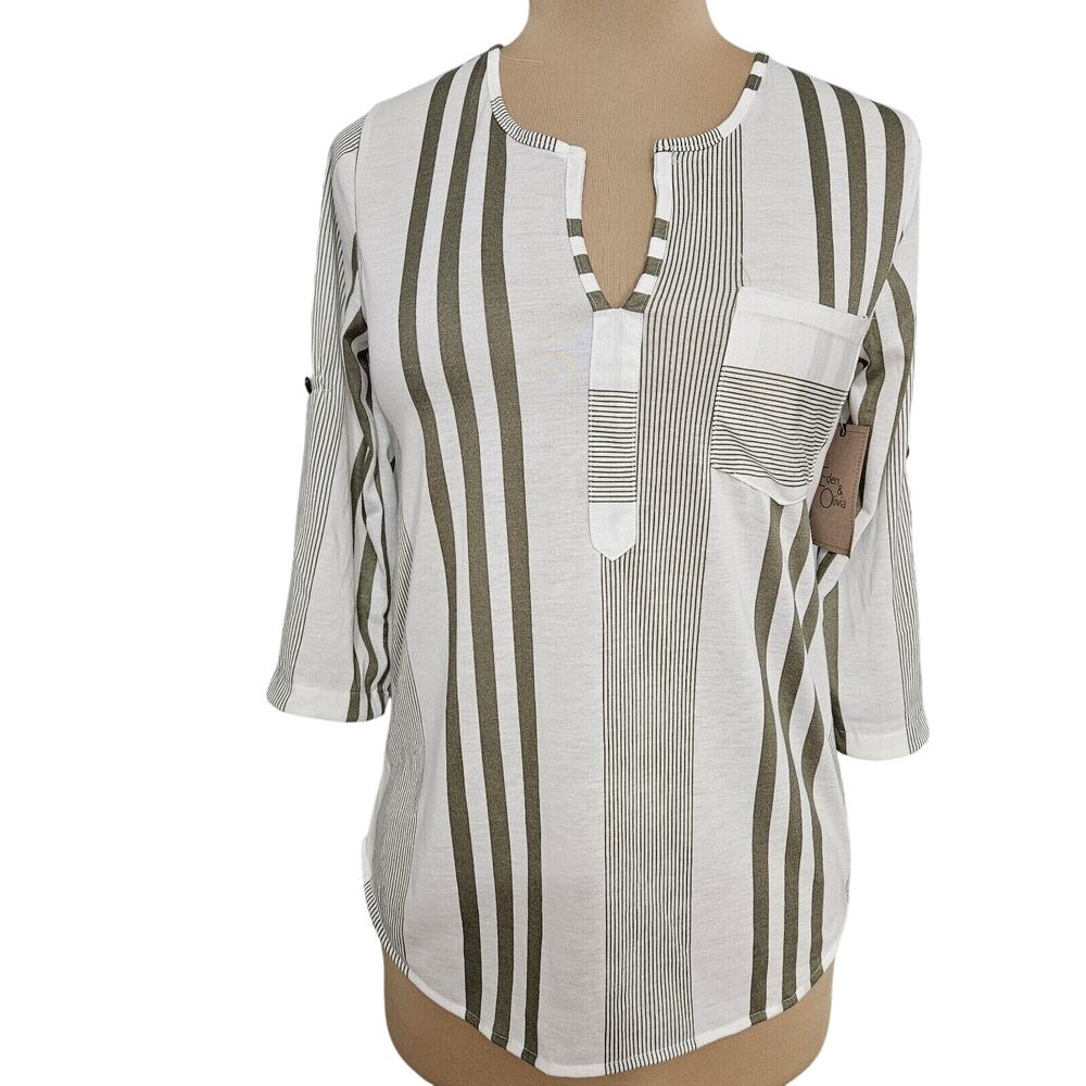 New EDEN &‎ OLIVIA Top Striped 3/4 Sleeve Womens Small Casual Green White